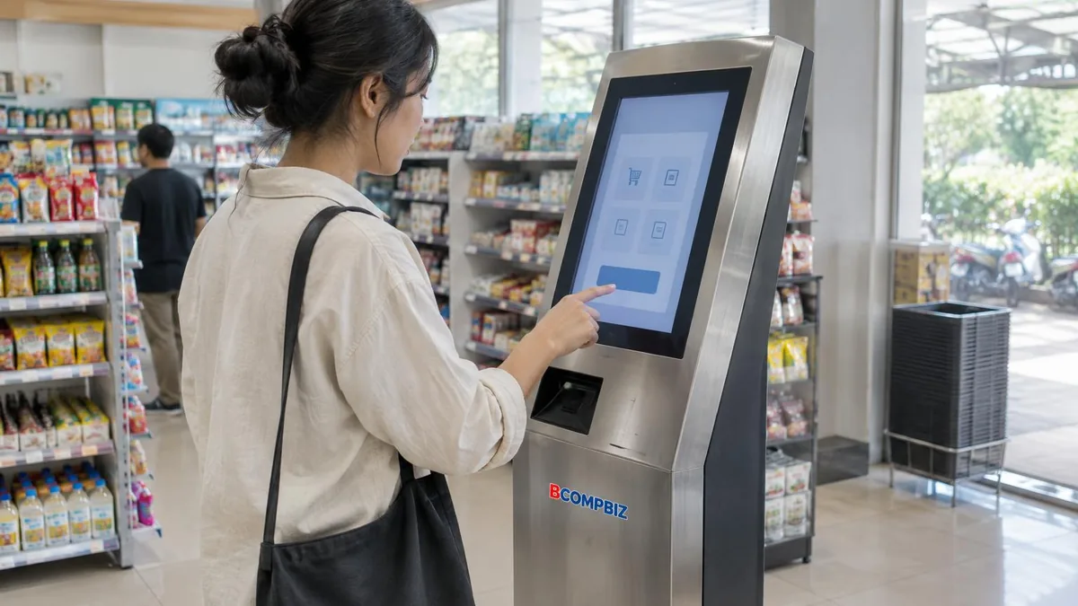 Pelanggan menggunakan kiosk self-service di dalam minimarket