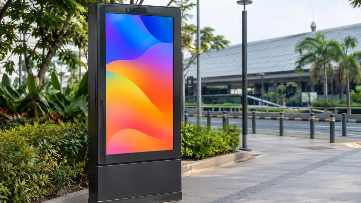 Perangkat digital signage outdoor generik di area komersial terbuka dengan layar bergambar abstrak