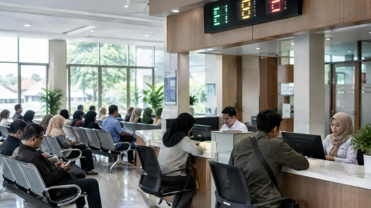 Display antrian LED terpasang di atas loket layanan pada ruang tunggu instansi dengan pencahayaan alami.
