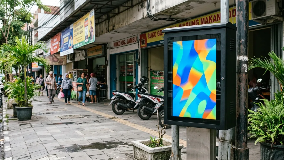 Perangkat digital signage outdoor generik di area komersial terbuka dengan layar bergambar abstrak