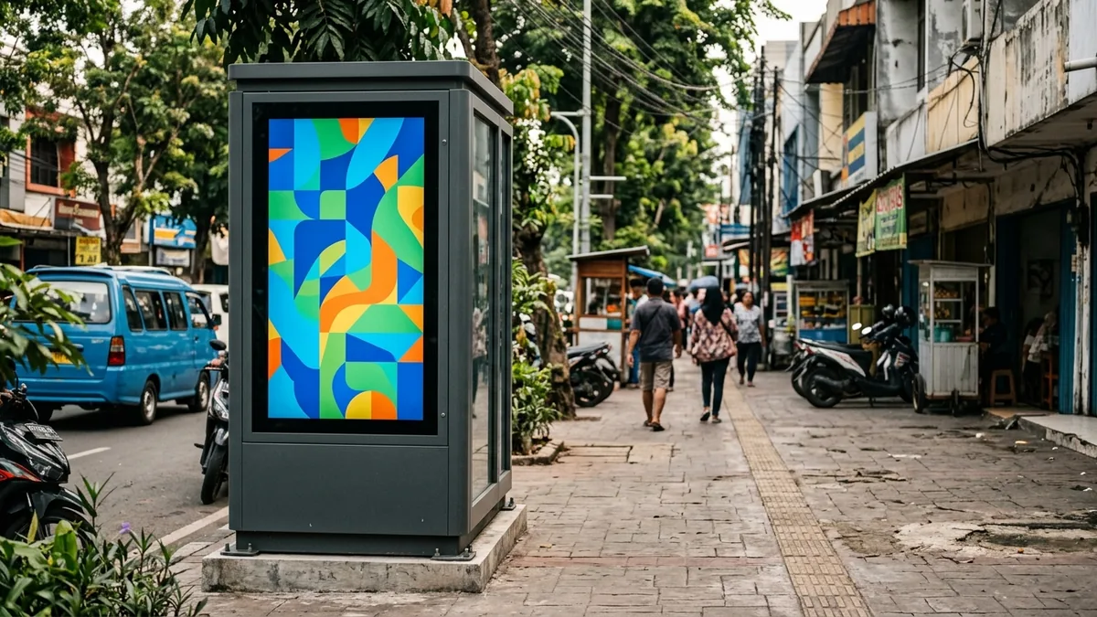 Perangkat digital signage outdoor generik di area komersial terbuka dengan layar bergambar abstrak