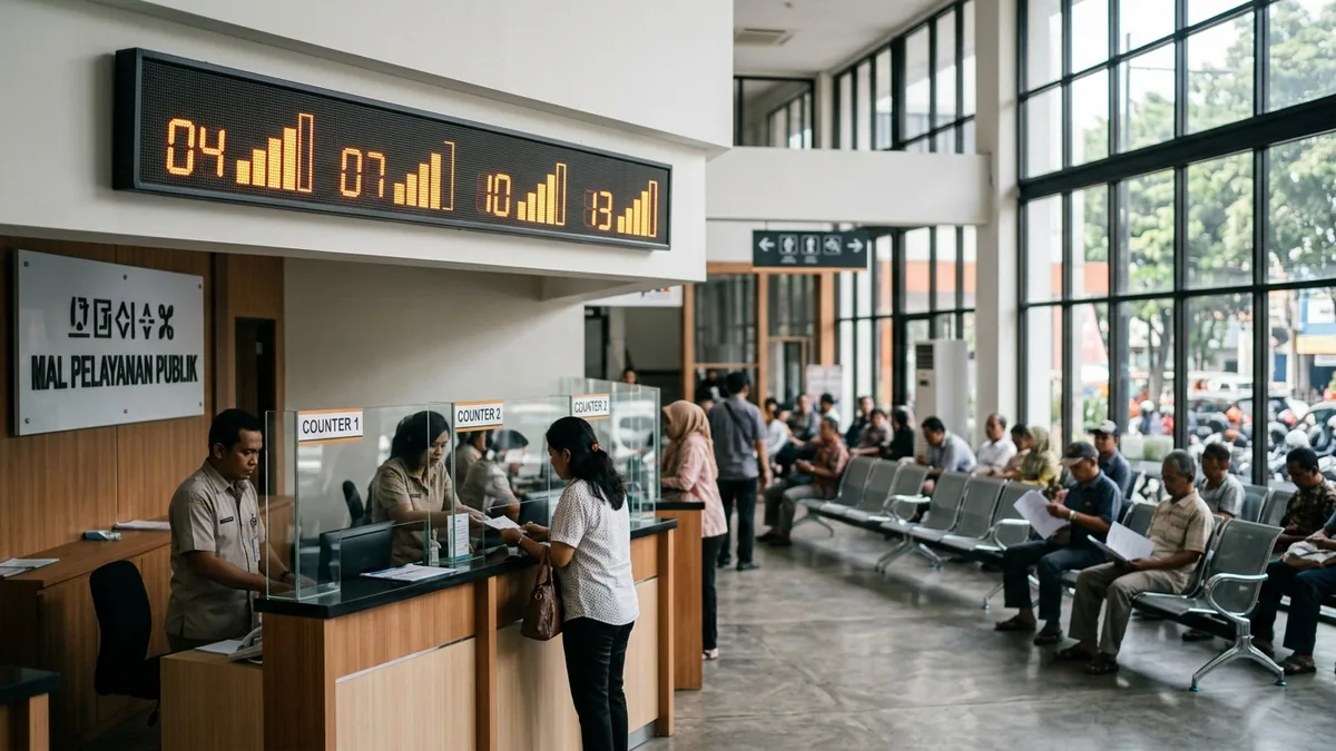 Display antrian LED terpasang di atas loket layanan pada ruang tunggu instansi dengan pencahayaan alami.