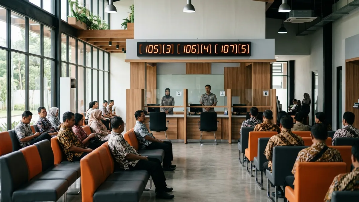 Display antrian LED terpasang di atas loket layanan pada ruang tunggu instansi dengan pencahayaan alami.