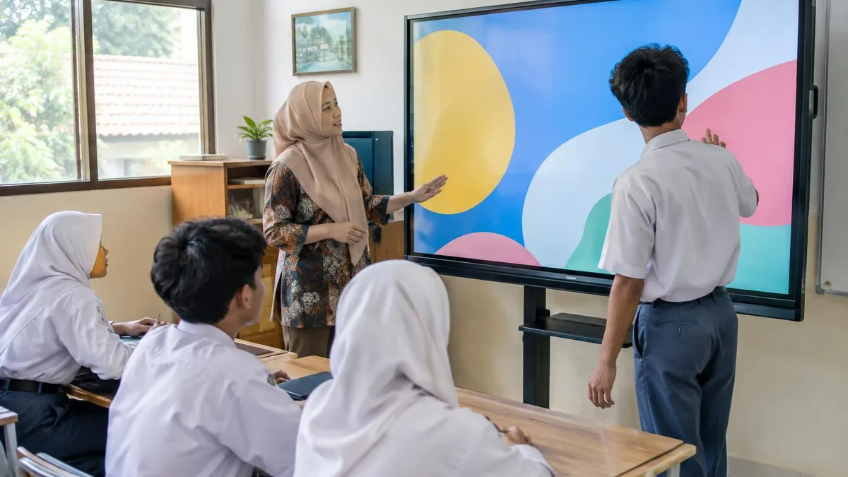 Guru dan siswa SMA menggunakan smartboard interaktif di ruang kelas