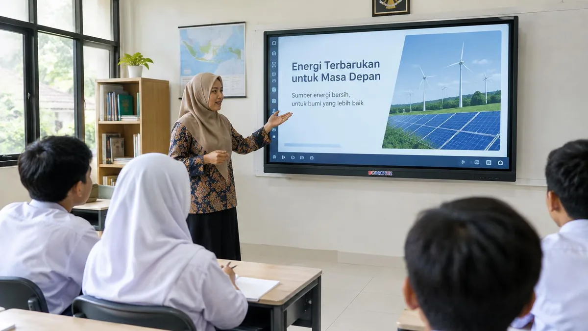 Guru dan siswa belajar bersama di depan smartboard di ruang kelas