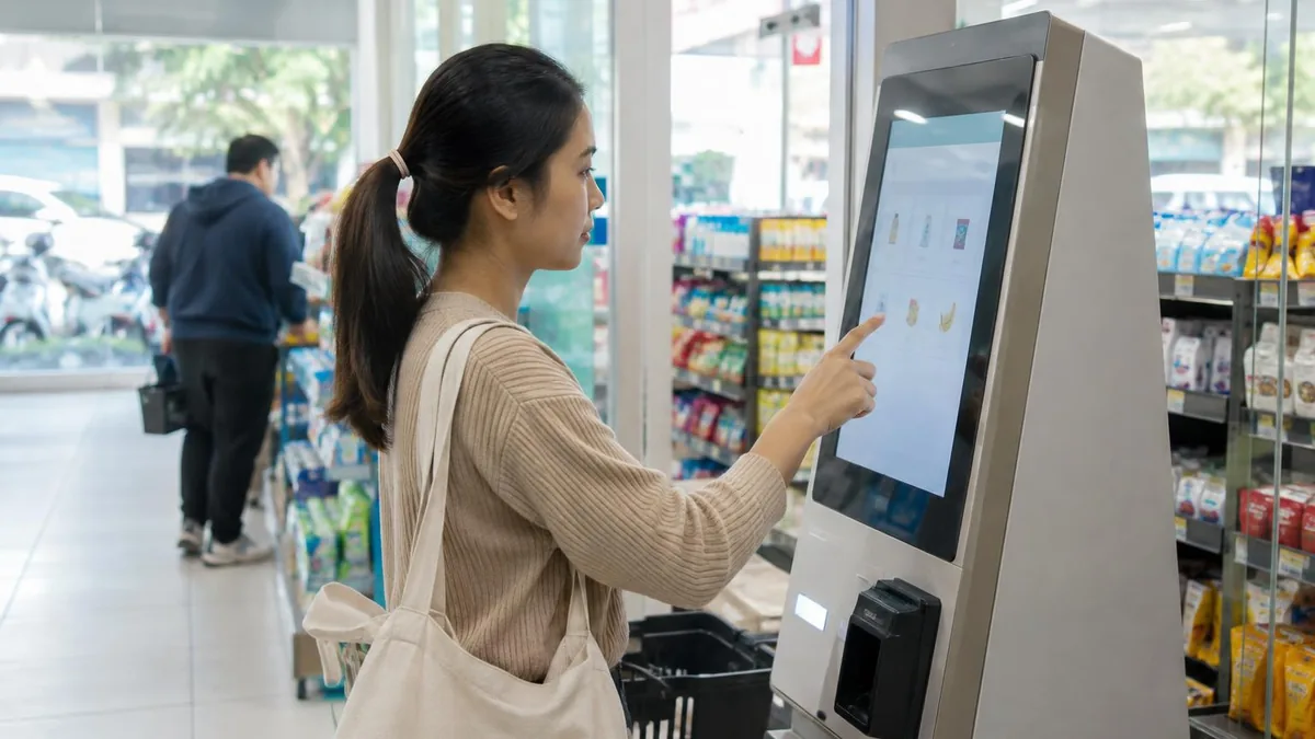 Pelanggan menggunakan kiosk self-service di dalam minimarket