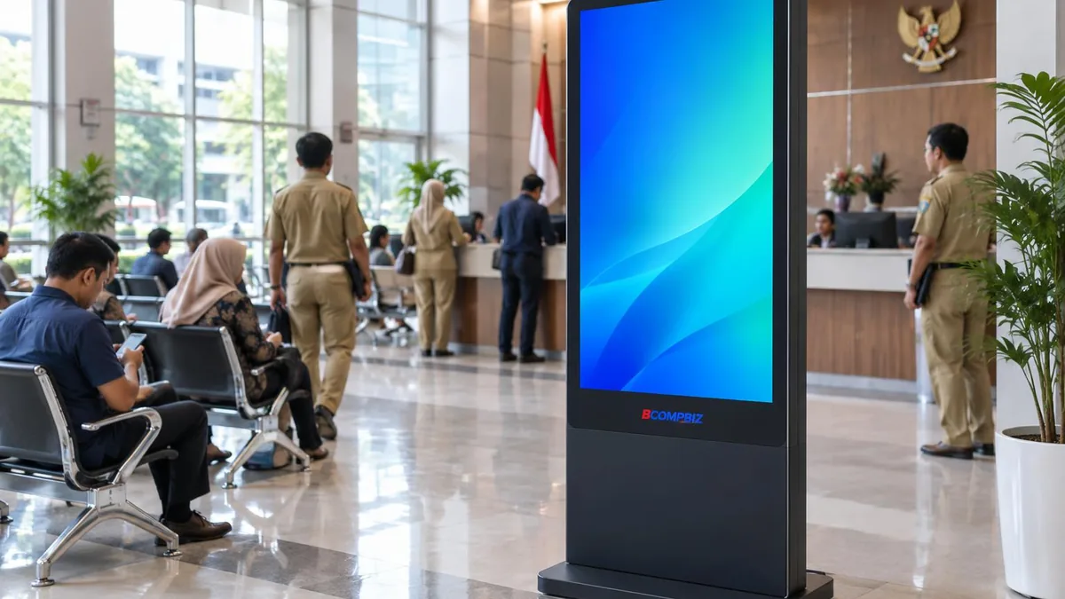 Layar informasi digital di ruang pelayanan publik kantor pemerintah Indonesia untuk pengumuman dan antrean.