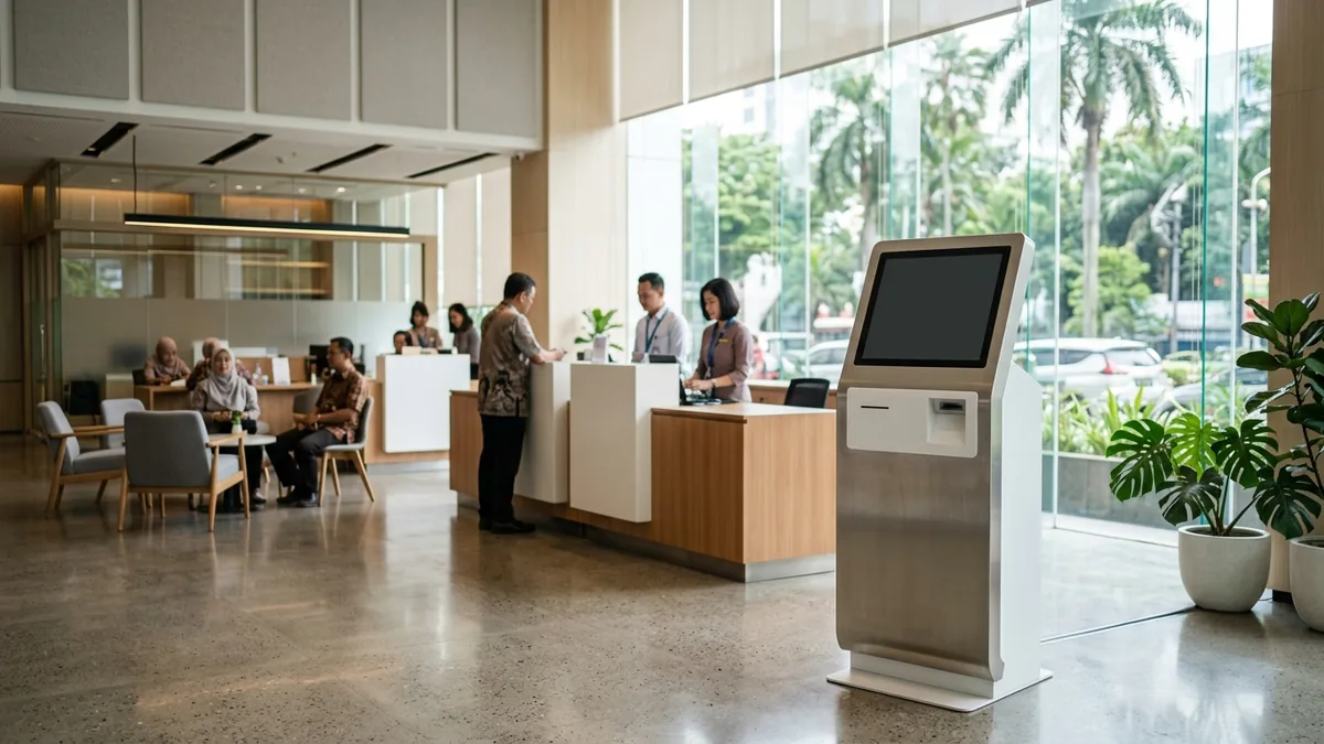 Kios mesin antrian digital layar sentuh modern di lobi kantor cabang bank berkonsep minimalis dan elegan.