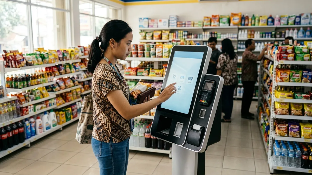 Pelanggan menggunakan kiosk self-service di dalam minimarket
