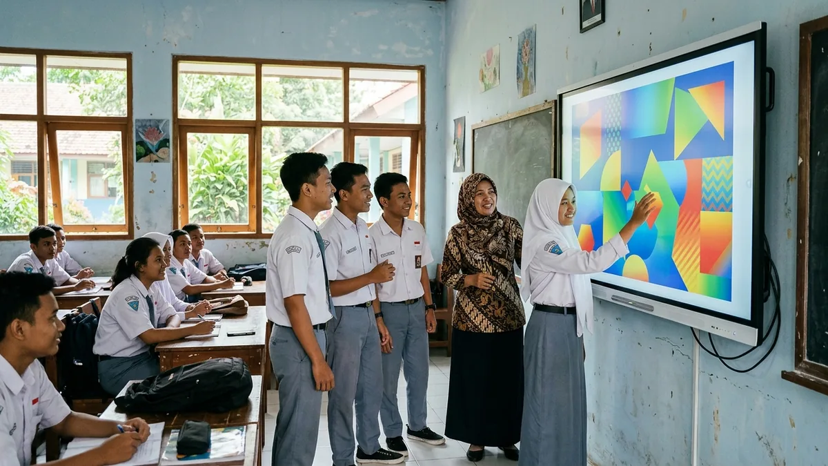 Guru dan siswa SMA menggunakan smartboard interaktif di ruang kelas