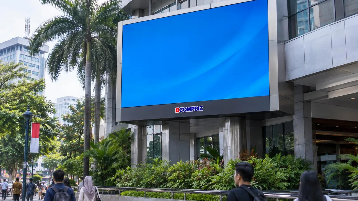 Videotron LED outdoor generik terpasang pada fasad bangunan komersial di lingkungan perkotaan Indonesia