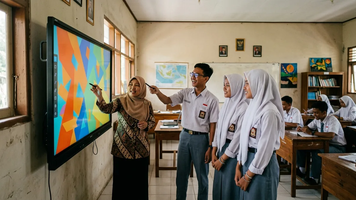 Guru dan siswa SMA menggunakan smartboard interaktif di ruang kelas