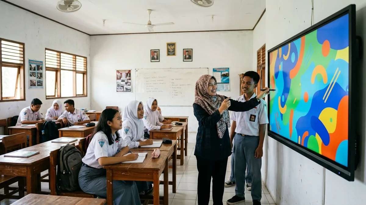Guru dan siswa SMA menggunakan smartboard interaktif di ruang kelas