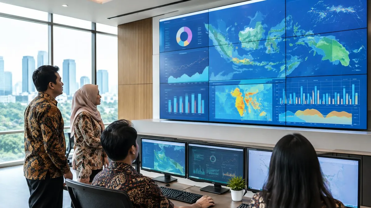 Videowall generik di ruang command center modern untuk memantau informasi operasional