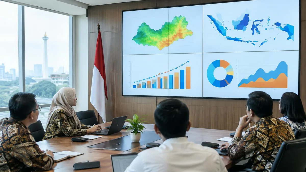 Videowall di ruang rapat kantor pemerintah dengan staf yang sedang meninjau informasi