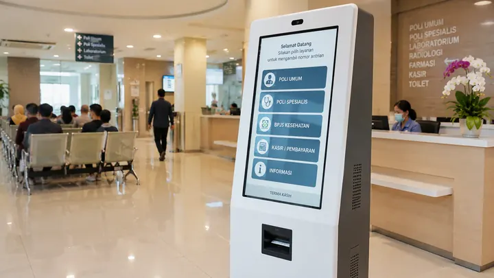 Kiosk cetak antrian mandiri rumah sakit dengan printer tiket