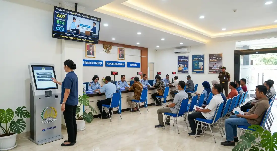 Instalasi mesin antrian digital di kantor pelayanan imigrasi