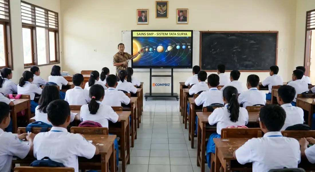 Smartboard interaktif Kiditek di ruang kelas SMP dengan pelajaran sains